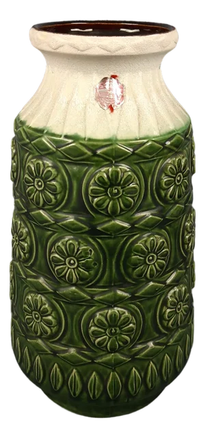 Green and Whitem Majolica Ceramic Vase with Flowers from Bay Keramik, Germany, 1960s