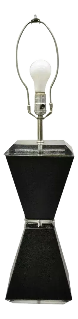 Vintage Mid Century Modern Lucite Hourglass Black Faux Sharkskin Table Lamp