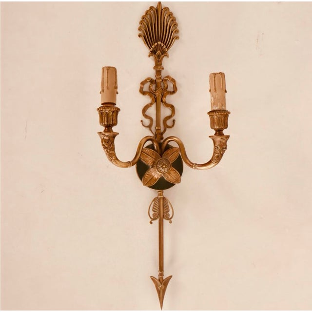 Exceptional Pair of French Empire Style Two-Arm Wall Sconces from the 1950’s, with Leaf designs and dark green painted...