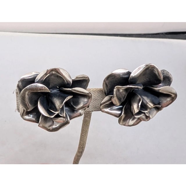 1960s Vintage 1960s Signed Napier Silvertone 3d Rose Clip Earrings-2 Pieces For Sale - Image 5 of 10
