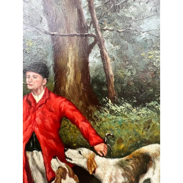Red English Sporting Style Oil Painting, Huntsman & Hounds, Ornate Gilt Frame 1980's For Sale - Image 8 of 14
