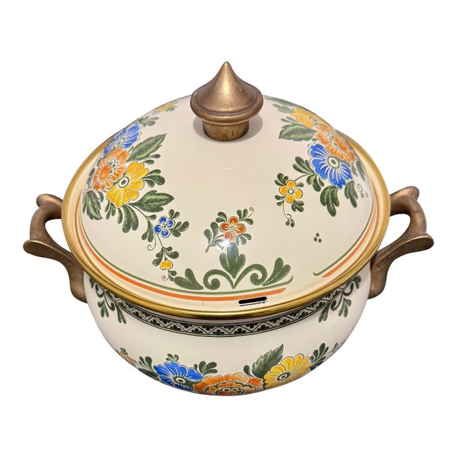 Vintage Asta Enamelware 2 Qt Dutch Oven Old Amsterdam Floral Casserole Pot Lid For Sale
