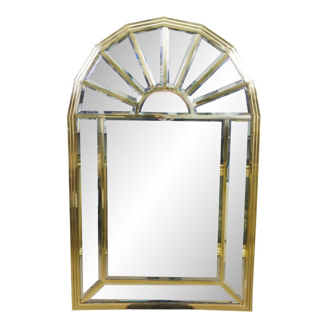 Mid Century Hollywood Regency Arched Brass Palladian Beveled Mirror 44" For Sale