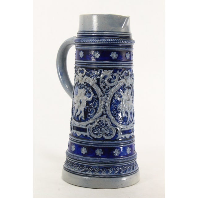 Late 19th Century 1880's Blue on Gray Stoneware Beer Stein 2 L Westerwald, Germany For Sale - Image 5 of 18