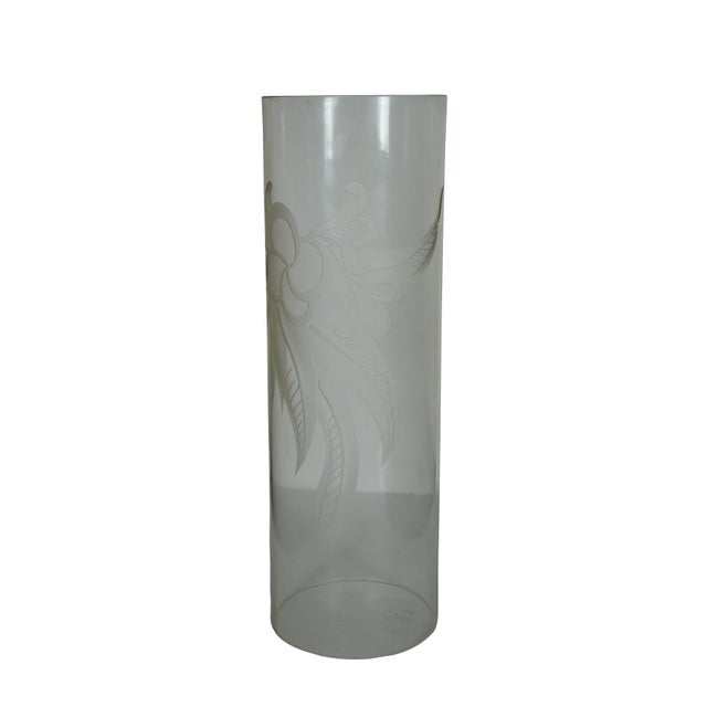 Pair of tall cylindrical vintage etched glass hurricanes / candle shades, clear glass etched with a frosted floral / berry...