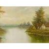 Golden haze settles on calm waters, holding a cottage in quiet reverie Art measures 24 x 20 inches Frame measures 28.5 x...