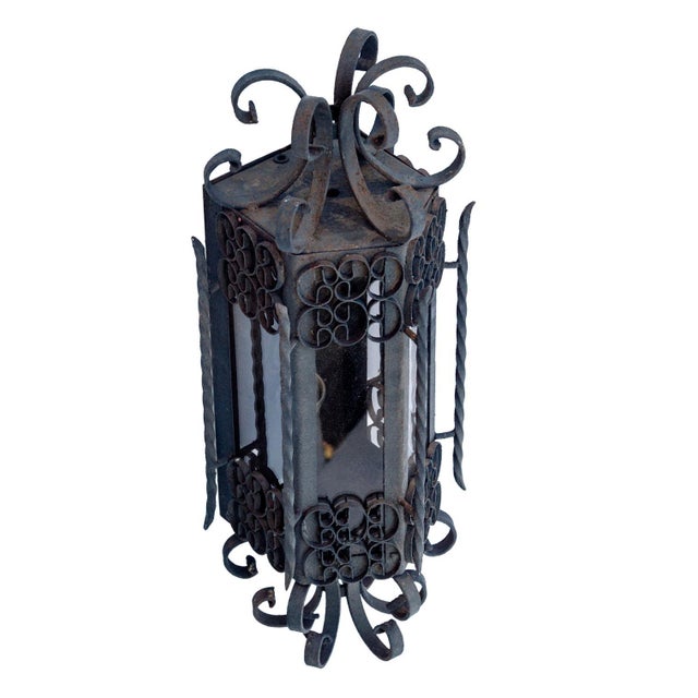 Metal Mid 20th Century Spanish Revival Curly Iron Lantern with Smokey Gray Glass Panels For Sale - Image 7 of 8