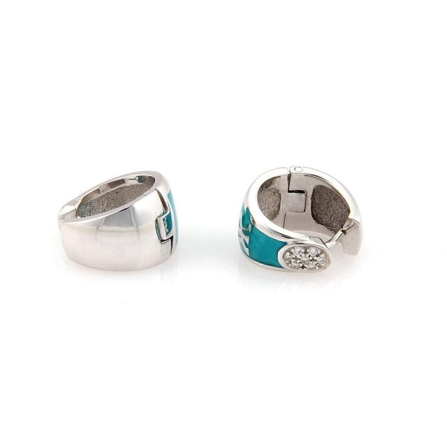 Contemporary Mid 20th Century Pair of Korloff Diamond & Enamel 18k White Gold Huggie Earrings For Sale - Image 3 of 5