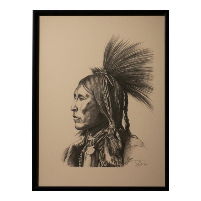 1970s Framed Fine Art Indigenous Warrior Profile Charcoal Sketch Study For Sale