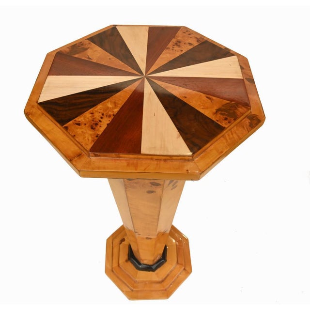 Wood Art Deco Pedestal Tables with Starburst Inlay, Set of 2 For Sale - Image 7 of 9