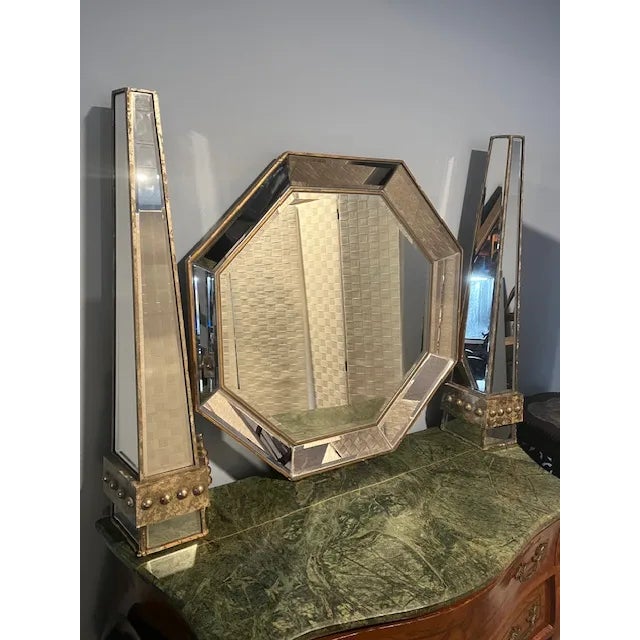 1990s Hollywood Regency Mirror With Pair of Mirror Obelisks - 3 Piece Set For Sale - Image 9 of 12