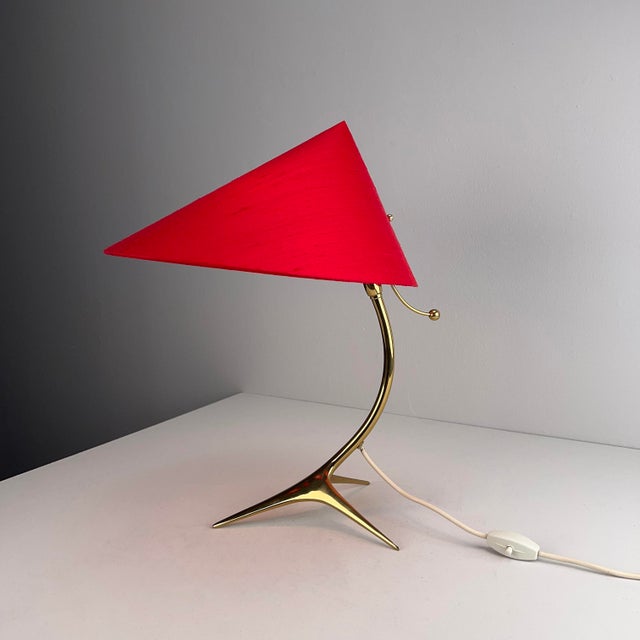 Table Lamp with Golden Crows Foot and Newly Upholstered Red Silk Shade by J. T. Kalmar, 1950s For Sale - Image 14 of 14