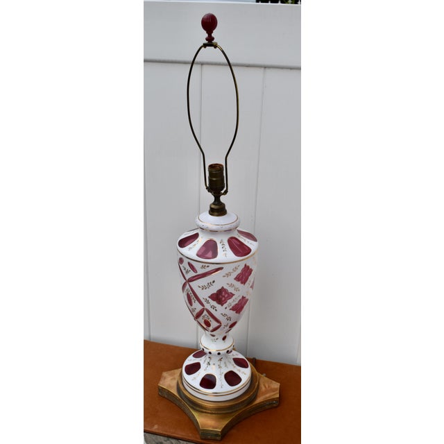 Cranberry Glass and Brass Lamp Vintage Table Bohemian Czech Hand Painted For Sale - Image 4 of 18