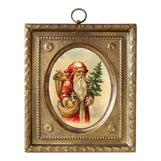 Santa Claus With Tree & Toys Print in Embossed Brass Frame- Antique Vintage Style For Sale