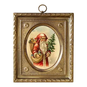 Santa Claus With Tree & Toys Print in Embossed Brass Frame- Antique Vintage Style