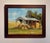 This oil painting depicts a rustic shed with a metal roof, surrounded by stacks of hay bales that convey a sense of...
