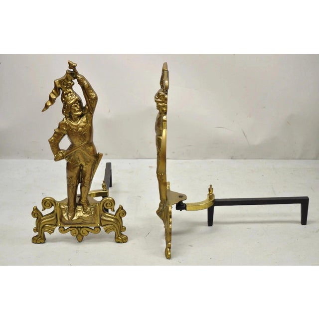 Metal Vintage Renaissance Brass Figural Soldier Warrior Fireplace Andirons - A Pair For Sale - Image 7 of 11
