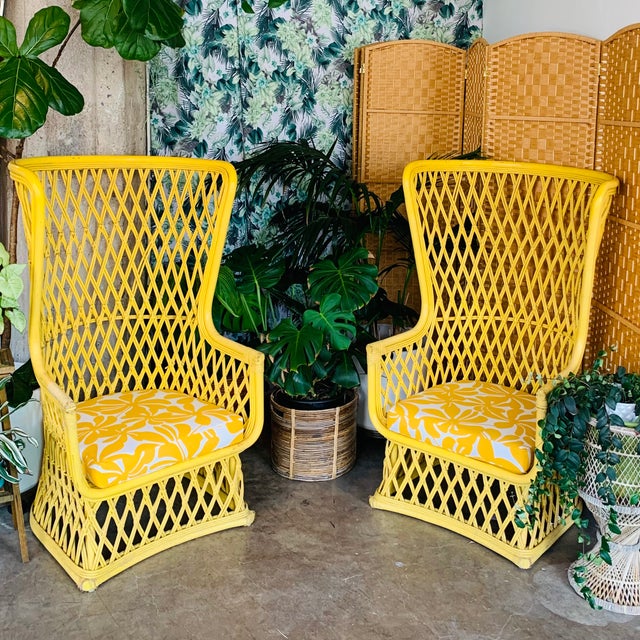 Mid-Century Modern Vintage 1970s High-Back Rattan Wingback Lounge Chairs — Sculptural Coastal Mid-Century Modern Pair For Sale - Image 3 of 11