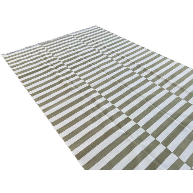 Textile Not Yet Made - Made To Order Handmade Cotton Area Rug Vegetable Dyed Olive Green and White Up Down Striped Rug-9'x12' For Sale - Image 7 of 11