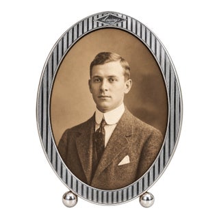 Large Antique Sterling Silver Engine Turned Striped Oval Picture Photo Frame For Sale