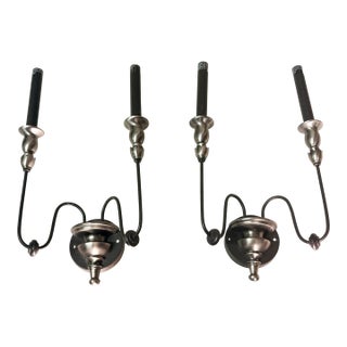 Contemporary Black Iron Two Arm Candelabra Wall Sconce - a Pair For Sale