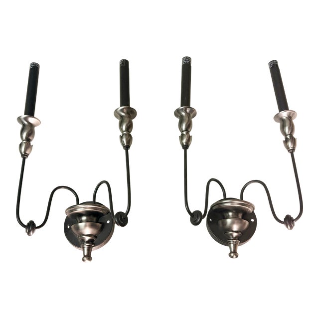 Contemporary Black Iron Two Arm Candelabra Wall Sconce - a Pair For Sale