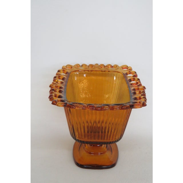 Glass Ftda 1981 Amber Golden Brown Pressed Glass Embossed Pedestal Candy Dish 5088b For Sale - Image 7 of 18