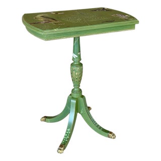 Antique Tripod Pedestal Table With Botanical Décor Finish and Brass Feet For Sale