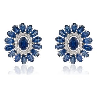 9.69ct Deep Blue Sapphire & Diamond Floral Halo Stud Earrings in 14k White Gold- A Pair For Sale