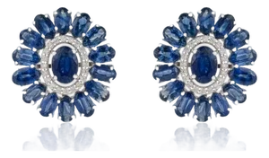 9.69ct Deep Blue Sapphire & Diamond Floral Halo Stud Earrings in 14k White Gold- A Pair