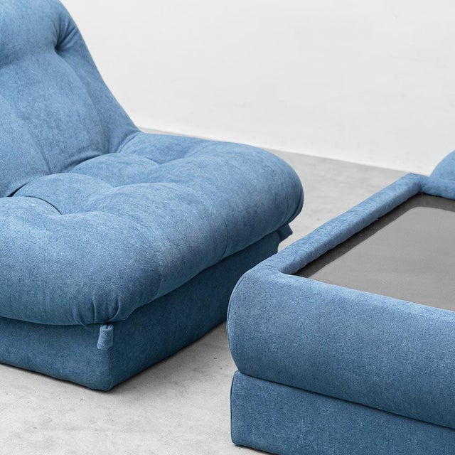 Vintage Lounge Chairs with Coffee Table in Blue Fabric, 1970s, Set of 3 For Sale - Image 10 of 13