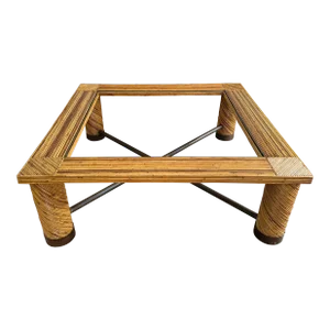 Italian Pencil Reed Coffee Table With Brass, Glass