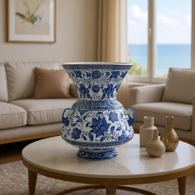 Chinoiserie Handmade Ceramic “Kandil” Vase (30cm) Authentic Ottoman Oil Lamp with Triple Handles – Blue & White Urn Centerpiece For Sale - Image 3 of 10