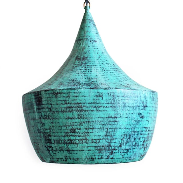 Industrial Hand Hammered Verdigris Copper Pendant Light Medium For Sale - Image 3 of 7