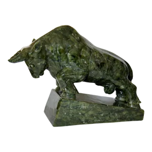 1930s Spinach Jade Charging Bull Oxen Statuette Figurine on Pedestal