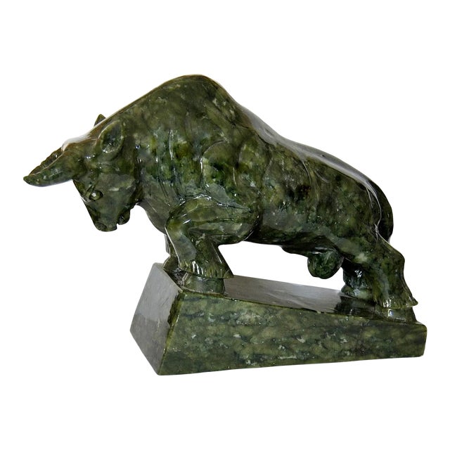 Spinach Jade Charging Bull Oxen Statuette Figurine on Pedestal For Sale