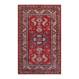 Bohemian Super Kazak Red/Beige Wool Rug- 2'8'' X 4'5'' For Sale