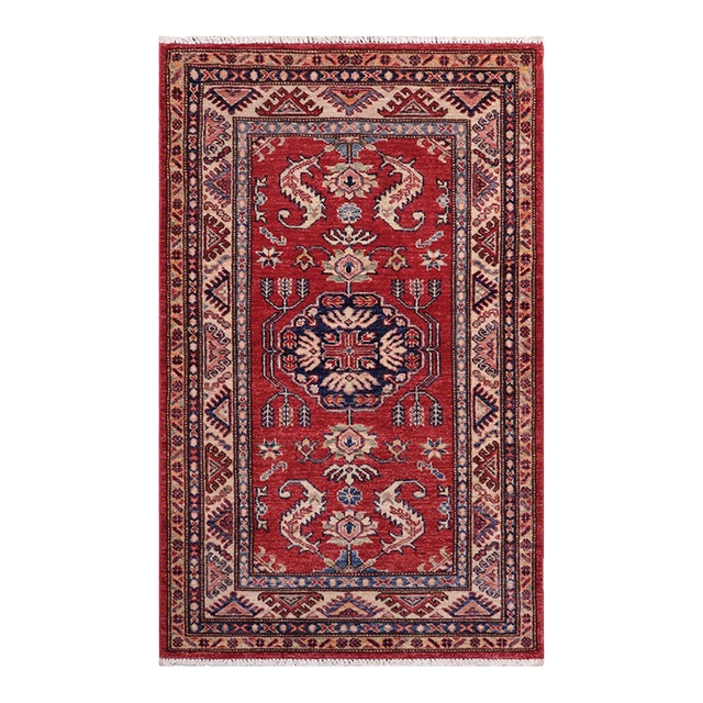 Bohemian Super Kazak Red/Beige Wool Rug- 2'8'' X 4'5'' For Sale