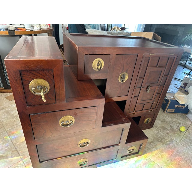 Late 20th Century Japanese Edo–Meiji Style Puzzle Tansu Cabinet, Two-Piece Elmwood Chest With Brass Hardware For Sale - Image 11 of 14