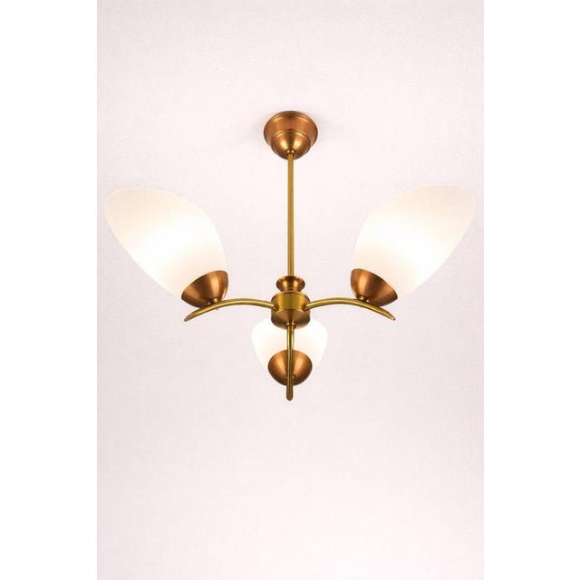 Metal Mid-Century Swedish Brass and Copper Chandelier with Opaline Glass, 1950s For Sale - Image 7 of 9