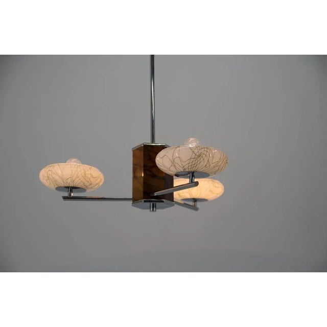 Art Deco Wood Chrome and Glass Chandelier, 1940s For Sale - Image 3 of 13