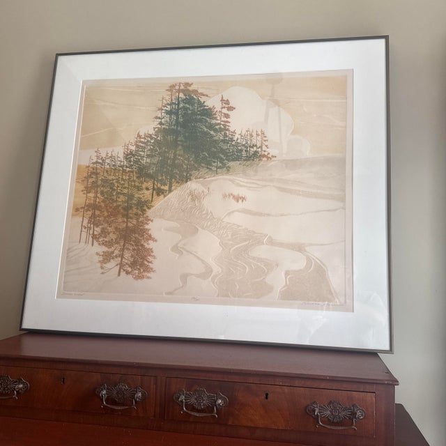 Signed limited-edition etching by American artist Russa Graeme (1919–1995), titled “Driven Snow.” This example is pencil...