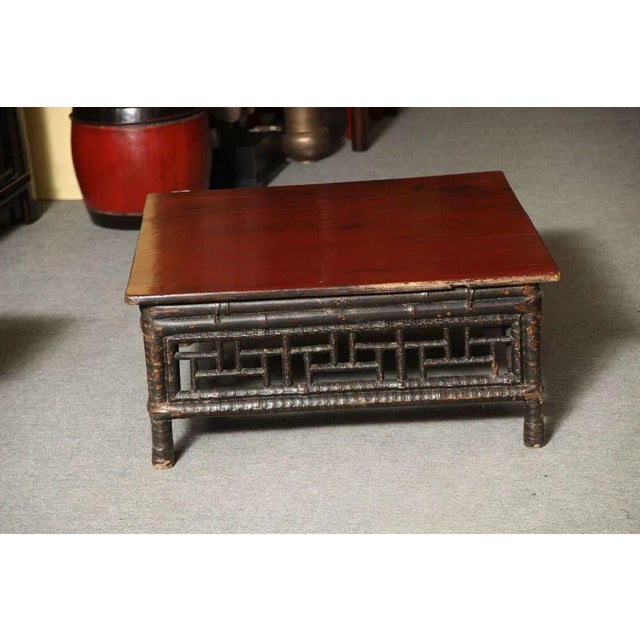 Chinese Small 19th Century Chinese Bamboo With Red Lacquered Top Coffee Table For Sale - Image 3 of 11