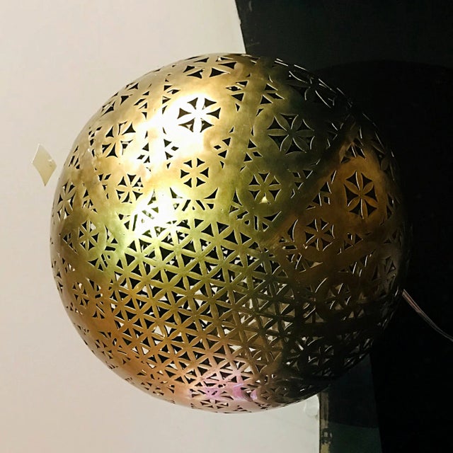 1970s Moroccan Brass Ball Chandelier With Embossed Patterns and Warm Glow For Sale - Image 4 of 11