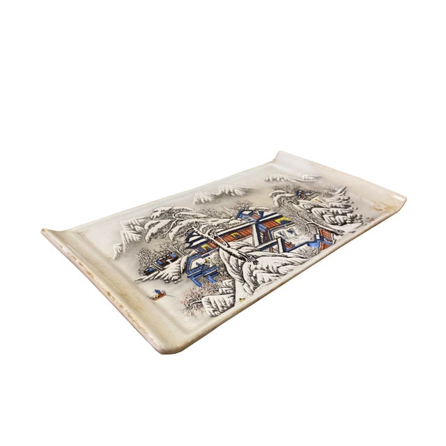 Asian Distressed White Porcelain Snow Trees House Rectangular Display Plate For Sale - Image 3 of 6