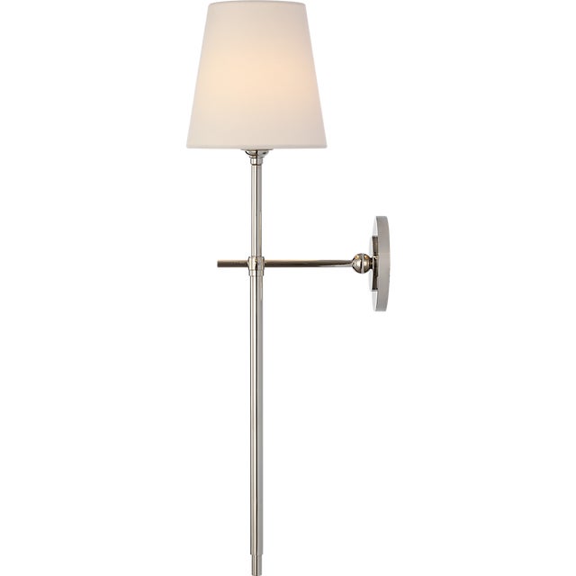 Silver Thomas O'Brien for Visual Comfort Signature Bryant 27" Cordless Tail Sconce in Polished Nickel with Linen Shade For Sale - Image 8 of 13