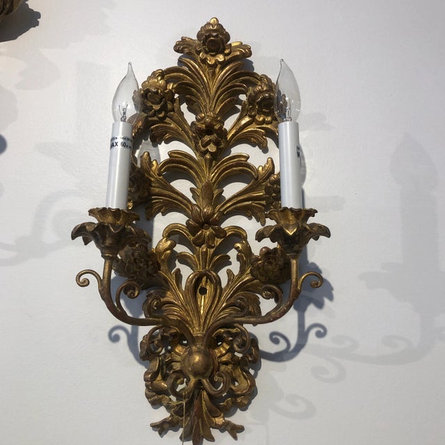 Renaissance Pair of Traditional Italian Hand Carved Wood Floral Design Sconces For Sale - Image 3 of 11