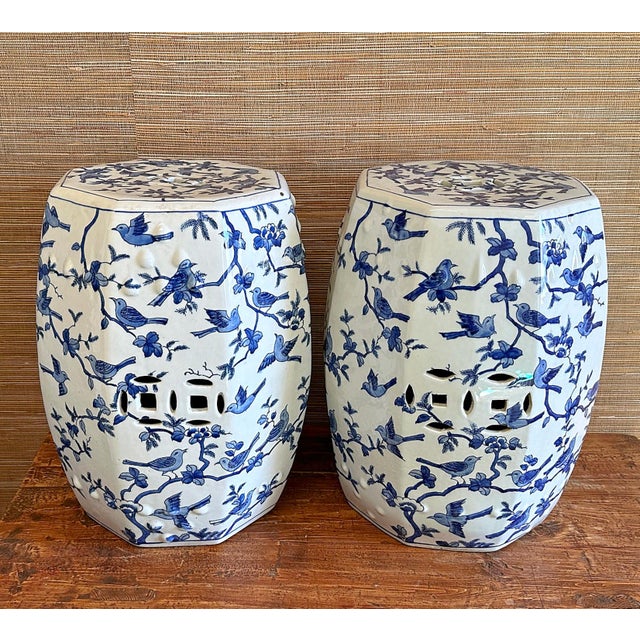 2020s Chinoiserie Blue and White Petite Birds Porcelain Garden Stools - A Pair For Sale - Image 5 of 8