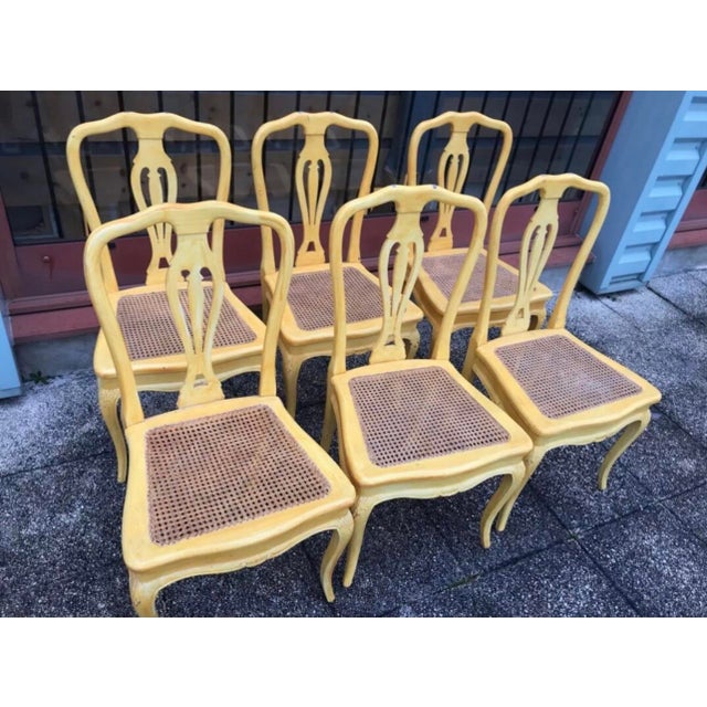 Provençal Louis XV Style Cane Chairs in Pale Yellow Wood, 1960s, Set of 6 For Sale - Image 4 of 6