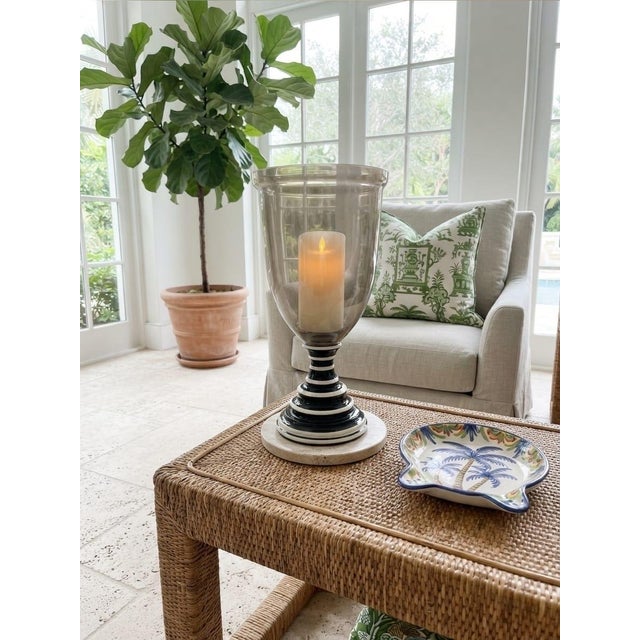 Black Vintage Smoked Glass Hurricane Candle Holder With Black & White Bone Inlay Base For Sale - Image 8 of 12